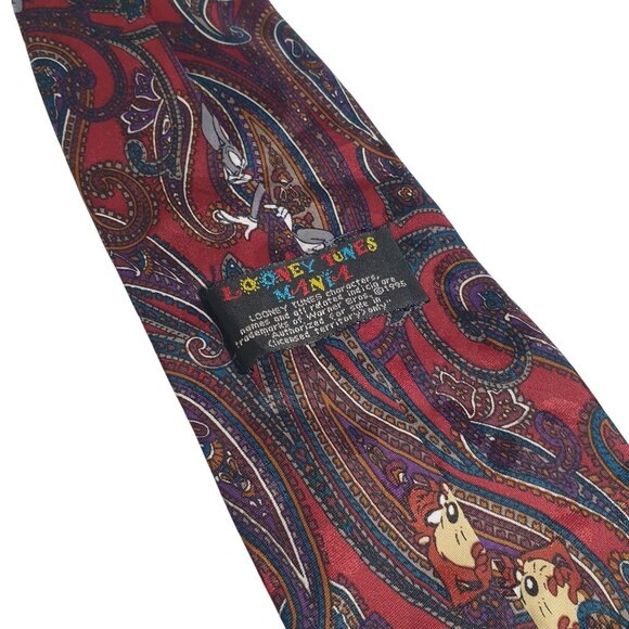 Looney Tunes Mania Bugs Bunny Tasmanian Devil Paisley Necktie Red Purple Vintage - Picture 4 of 5